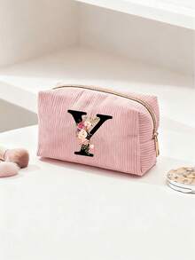Customized A-Z Letter Corduroy Pencil Case, Customized Initial, Back To School Essential Pencil Bag, Valentine's Day Gift Makeup Bag, Ramadan Gift Choice, Large Capacity Travel Cosmetic Organizer (Smooth Zipper), Fresh And Cool Pink & White Letter Print Design, Lightweight And Foldable, Portable And Easy To Store, Thoughtful Gift For Girlfriend/Bridesmaid, Durable Toiletry Organizer For Home And Travel, Popular Back To School Gift - Multiple Styles - View 13