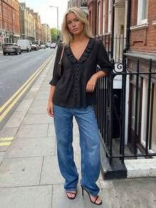 Women's Summer Ruffle Shirts Fashionable Solid Color V Neck Short Sleeve Frog Button Tops - Black - View 4