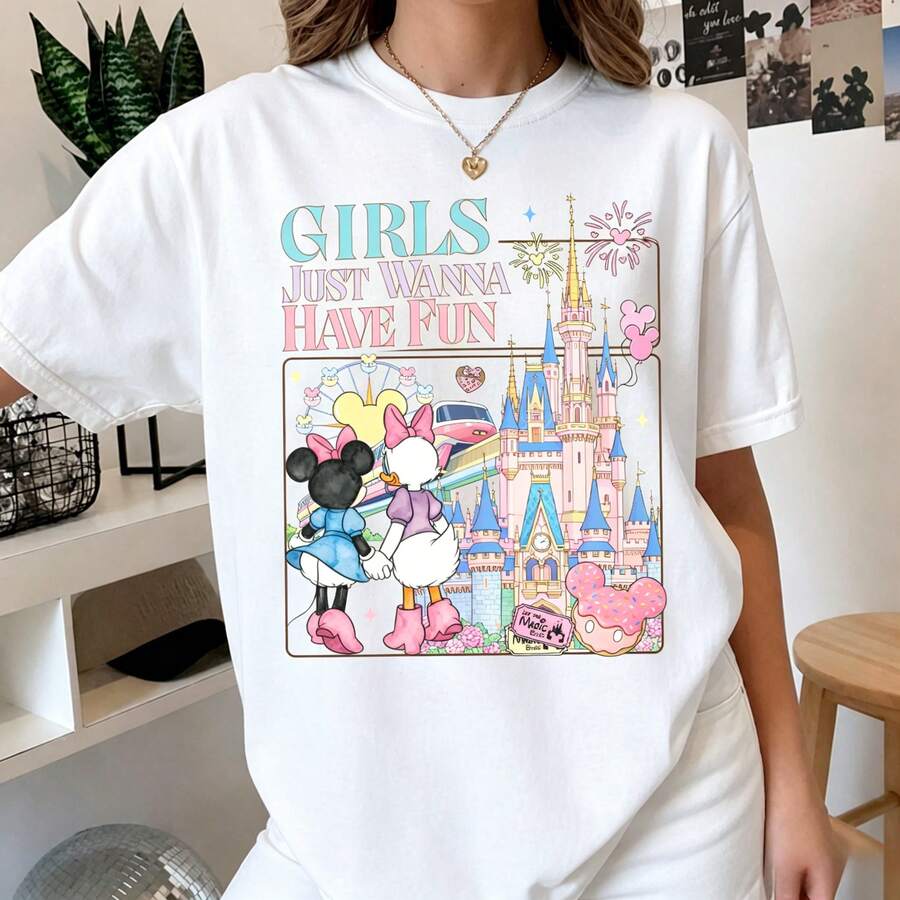 Disney "Girls Just Wanna Have Fun" Castle Vacation Oversized T-Shirt Unisex, 100% Cotton Vintage Short Sleeve Casual Top, Best Friends Trip Graphic Print Tee - trắng - Xem 1