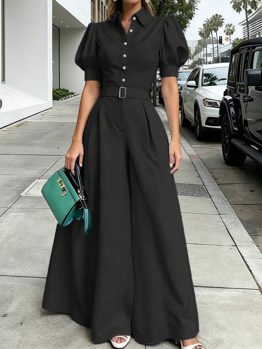 Elegant Women Wide Leg Jumpsuit With Puff Sleeve, Lapel, Button And Belt Design Black Summer - Black - View 1