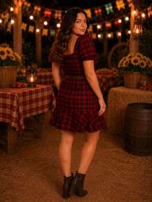 Plus Size Checkered Dress With Square Neckline And Short Sleeves For June Festival (São João) - 紅色和黑色 - 查看 2