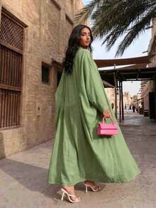 1pc Women's Green Solid Color Batwing Sleeve Robe, Minimalist Elegant Design, Suitable For Daily Wear, Festivals And Versatile Occasions - Olive Green - View 2
