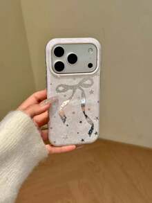 INS韓風蕾絲鏡面星星蝴蝶結手機殼，適用於 iPhone 17 Pro Max、Apple 15、16 Plus - 白色 - 查看 3