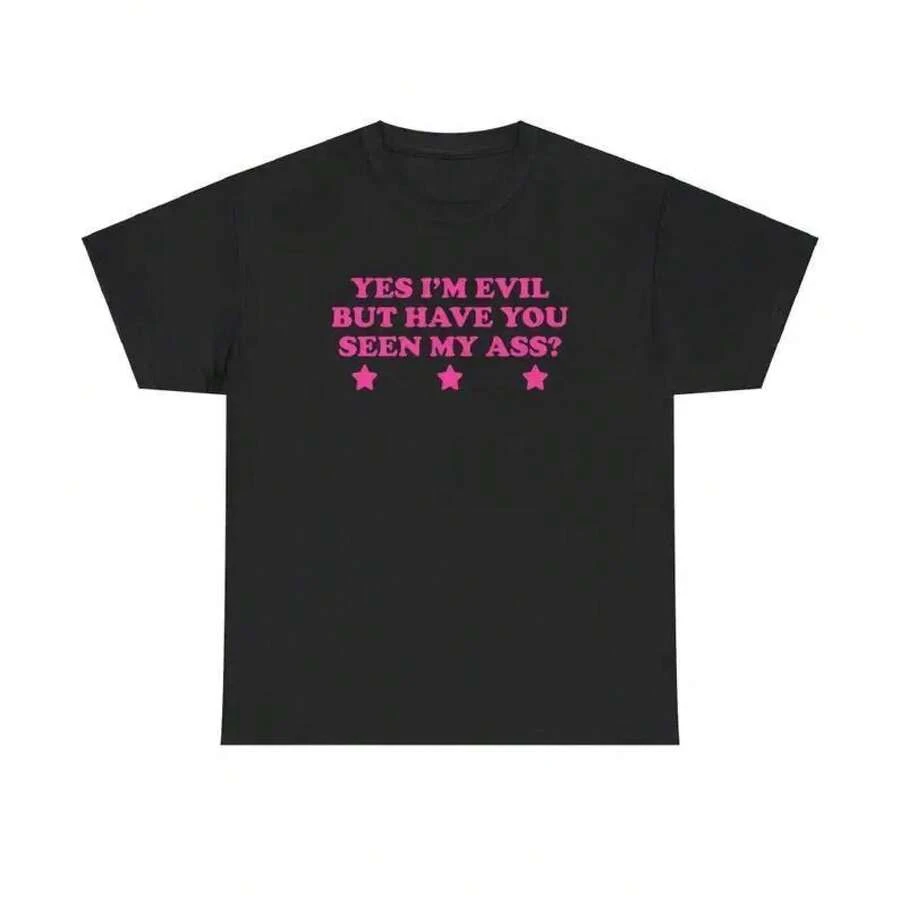 Yes, I'm Evil, But Have You Seen My Butt? Unisex Y2K Chaotic, Unbalanced, Iconic, Ironic, Daring, Party, Club, Cute, Girl, Funny Adult T-Shirt, Gift For Women And Men. - 黑色 - 查看 1