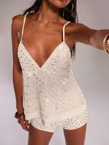 2026 Top de mujer con tirantes de lentejuelas de color marrón oscuro con cuello en V profundo y unicolor, camiseta interior de mujer con lentejuelas, camiseta interior de otoño/invierno, para ocasiones de fiesta y cóctel - Blanco 2 - Ver 7