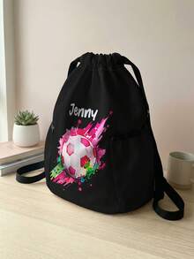 1pc Customized Name Cartoon Soccer Pattern Drawstring Backpack, Sports Bag With Pockets, Can Be Customized According To Your Unique Design, Back To School Gift, Perfect For Kids, Boys, Girls, Print Your Own Name Or Print Your Sister's And Classmates' Names As Gifts For Them - Multicolor - View 2
