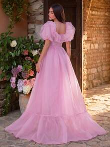 Faeriesty Women's Elegant Ruffle Off-Shoulder Organza Formal Party Dress, Evening Gown, Wedding Guest Dress, Summer Vacation Outfit Pink Spring - Pink - View 2
