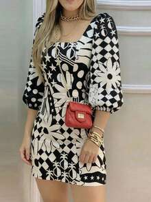 Vestido de longitud hasta la rodilla de tela tejida con estampado de flores y geométrico, adecuado para uso diario casual en verano, vacaciones, primavera, elegante - Negro - Ver 4