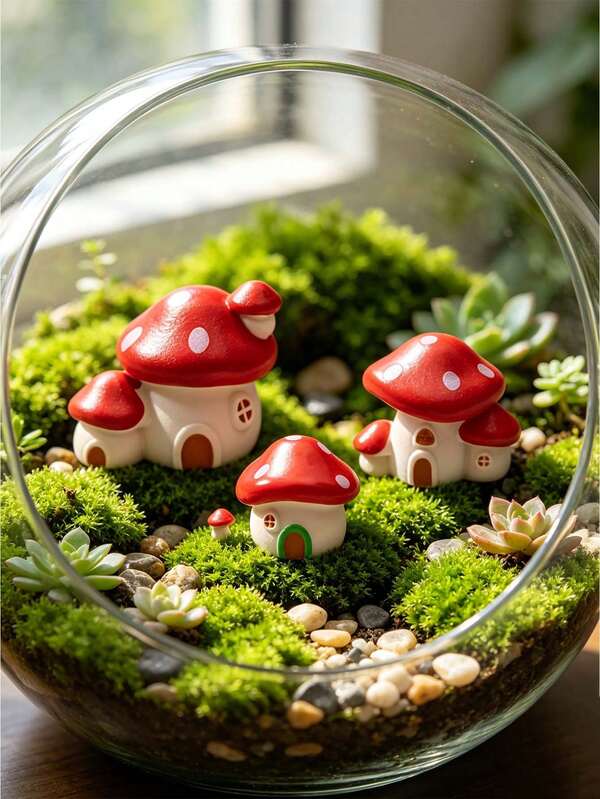 5pcs Cute Mini Mushroom House Resin Figurines, Succulent Planter, Glass Container And Desktop Decor, Suitable For Craft Enthusiasts, Birthday Party, Fairy Tale Theme Celebration, Housewarming Gift And Various Fantasy Home Decor