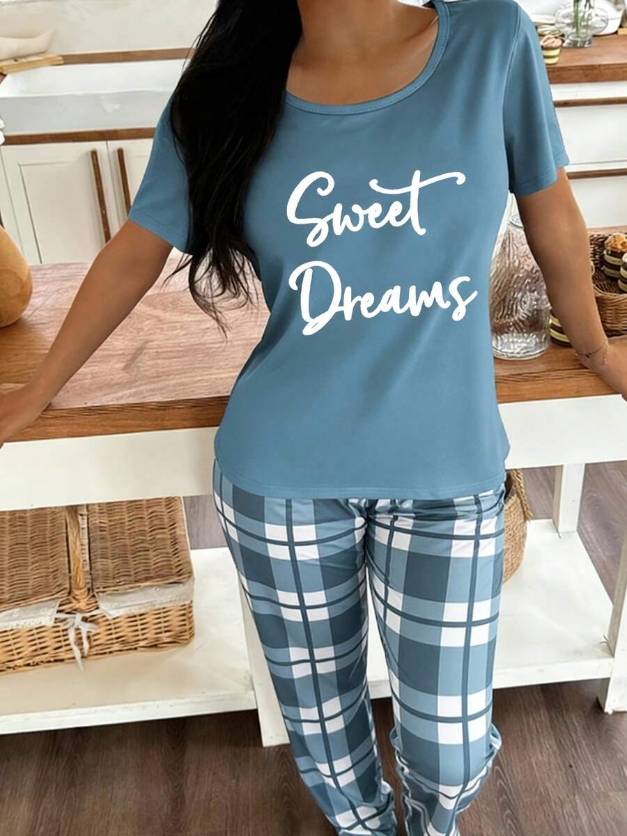Comfortable Casual Letter Print Short Sleeve 2 Pieces Pajama Set Women Plaid Long Pants Loungewear - Teal Blue - View 1