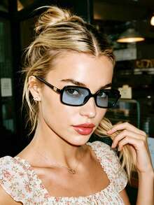1 Pair Small Rectangular Frame Fashion Glasses, Suitable For Vacation, Travel, Sports, Driving, Festivals, Beach, Music Festivals, Outings, Summer Accessories, Holidays, Family Trips, Elegant Outfits, Street Style Accessories, Sports, Parties, Outdoor Activities, Street Looks, Fishing, Summer Beach Vacations, Outdoor, Travel, Back To School Season Collegiate Style. Rectangular Frame - Black Frame Blue Film - View 7
