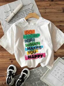 Do More Of What Makes You Happy, Letter Print T-Shirt, Short Sleeves And Round Neck. - White - View 1