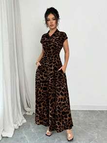 Vestido abotonado de manga corta con cuello, cintura ceñida y estampado de leopardo elegante para mujer - Gris - Ver 11
