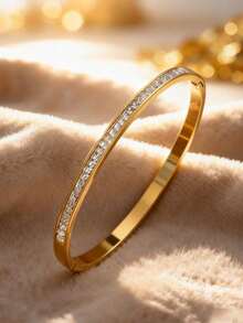 4 piezas/1 pieza Pulsera de acero inoxidable chapada en oro de 18 quilates para mujer. Pulsera de acero inoxidable de moda, accesorio de pulsera de anillo único en capas, pulsera de flor de cinco pétalos en 3D, brazalete de diamantes de imitación de una hilera, brazalete de acero inoxidable de circonita de alta calidad con incrustaciones de flores de cuatro pétalos, resistente al agua y a la decoloración, adecuada para uso diario, fiestas y reuniones, también como regalo para amigos y familiares, aplicable para el Día de San Valentín, Navidad y otras ocasiones festivas. - Dorado - Ver 7