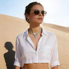 Collar de turquesa verde natural para mujer, collar de cadena con abalorio de turquesa bohemio, delicado colgante de cruz pequeña, joyería de verano para la playa - Rosa Rojo - Ver 5