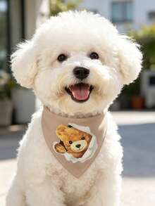 Comfortable Soft Polyester Pet Scarf, Khaki Background With Teddy Bear Pattern, Dog Accessory, Pet Supplies, Happy Dog, With Cartoon Print, Suitable For Cats And Dogs For Indoor Or Outdoor Use - Khaki - View 3