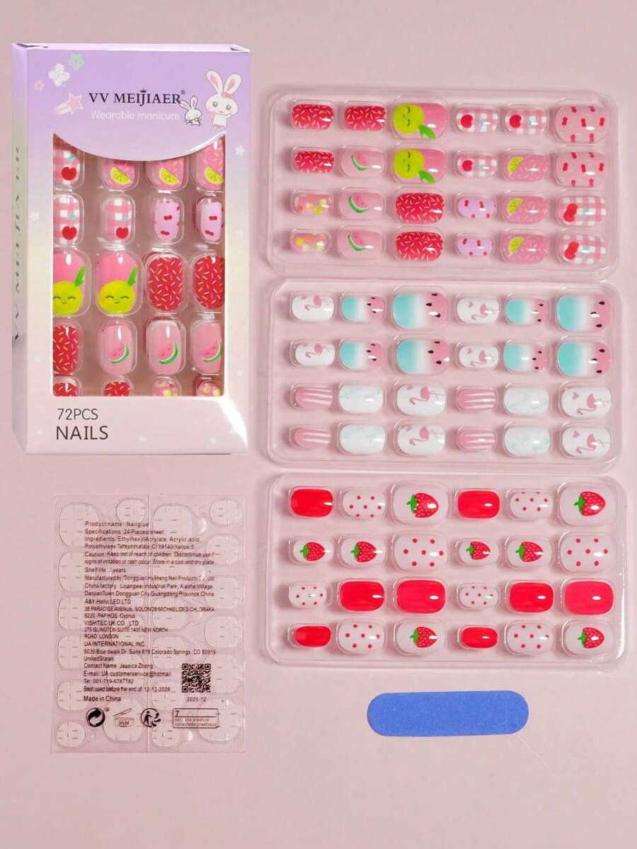 VV MEI JIA ER 3 Packungen (72 Stücke - Wassermelone/Regenbogen/Einhorn) süßes Design kleine Kinder Acryl Fake Nägel, Komplettset mit niedlichen Kaninchen Regenbogen kurze ovale künstliche Nägel, geeignet für Mädchen, Nageldekoration Geschenkset, inklusive 1 Klebeband und 1 Nagelfeile. - Verschiedenfarbig - Übersicht 1