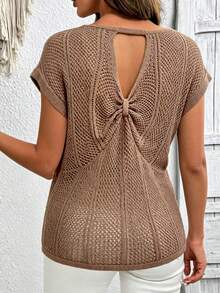 Plus Size Solid Color Casual Round Neck Hollow Out Fashionable Versatile Bow Tie Back Butterfly Design Knit Sweater Summer - Khaki - View 2