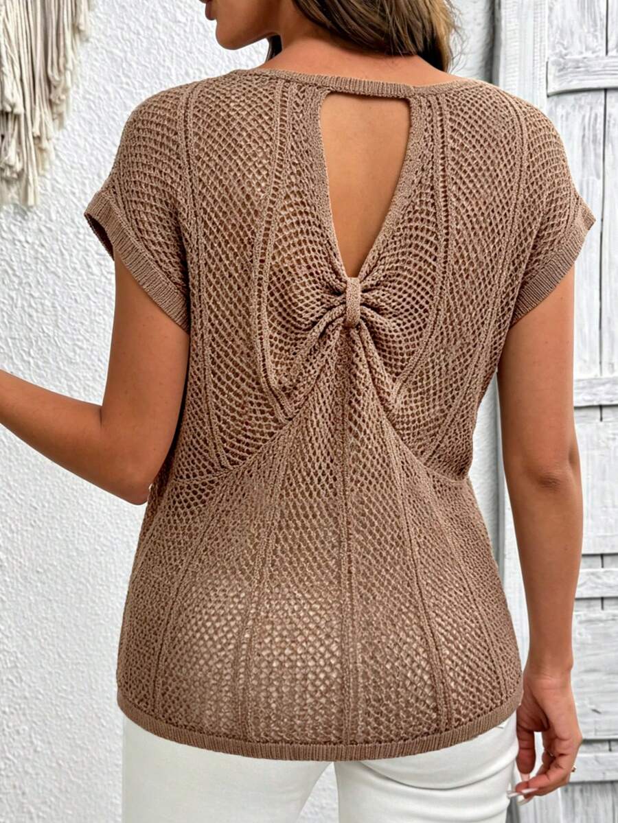 Plus Size Solid Color Casual Round Neck Hollow Out Fashionable Versatile Bow Tie Back Butterfly Design Knit Sweater Summer