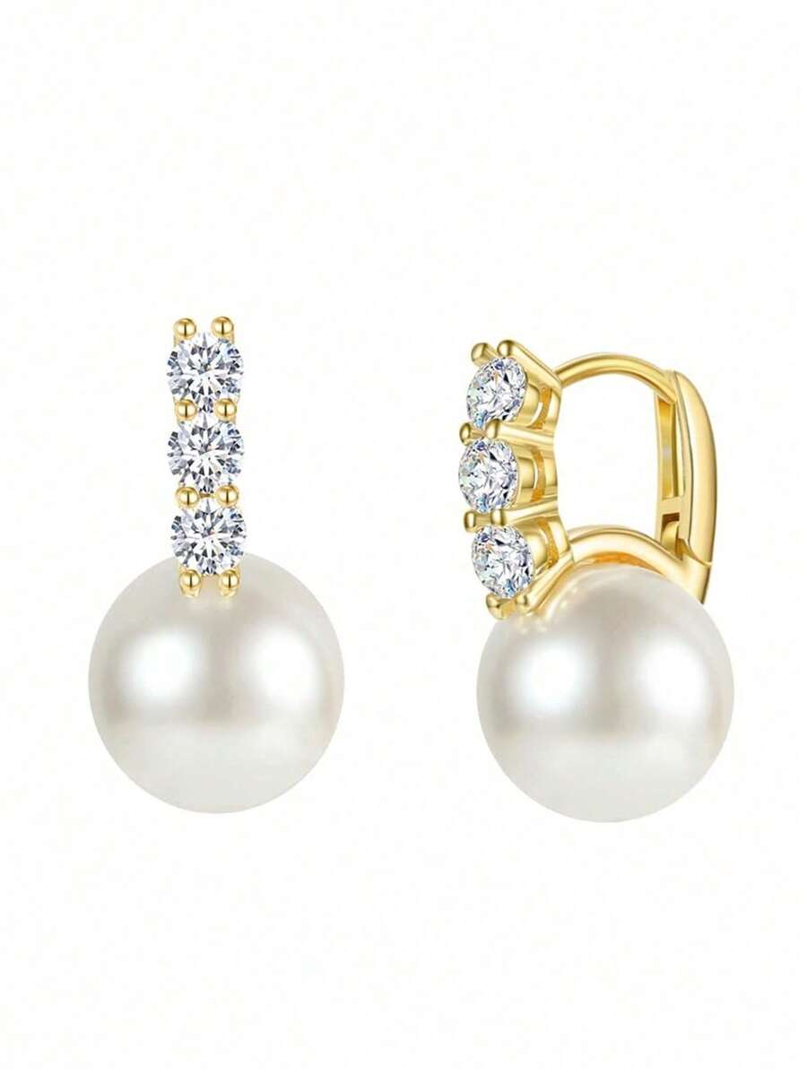 1 Pair Luxurious Cubic Zirconia & Faux Pearl Dangle Earrings, Designed For Women, Suitable For Weddings, Engagements, Anniversary Parties, Valentine's Day Gifts - 1# - View 1