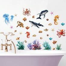 海洋水下生物裝飾貼紙，包含鯨魚、海龜、章魚、水母、海馬、小丑魚、貝殼、珊瑚及其他圖案。這些可移除的 PVC 牆貼非常適合裝飾兒童浴室、育嬰室、幼兒園教室、客廳和臥室。 - 均碼 - 查看 6