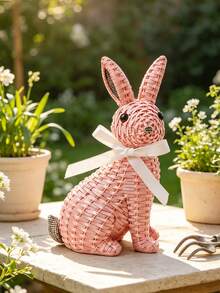 1pc Rabbit Figurine With White Ribbon - Farmhouse Style Easter Spring Home Decor, Cute Rabbit Statue For Desk, Suitable For Living Room, Bookshelf, Fireplace, Ideal Gift For Rabbit Lovers And Housewarming - Pink - View 6