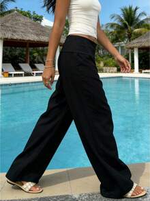 Pantalones de cintura baja para mujer, color liso, pierna ancha, holgados, cómodos, informales, para uso diario. - Negro - Ver 1
