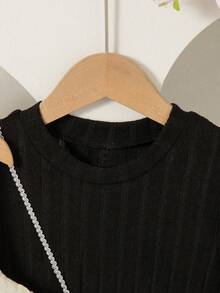 2 件套女童休闲套装 - 蝴蝶结装饰无袖上衣和长袖及膝连衣裙，女童时尚套装，春/秋/冬 - 黑色 - 查看 6