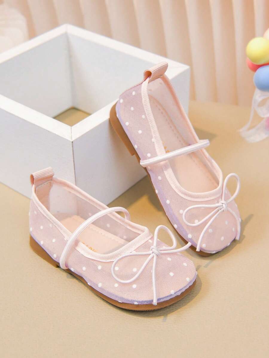 Girls' Polka Dot Mesh Ballet Flats, Breathable Bow Knot Mary Jane Shoes, Soft Non-Slip Flat Shoes For Kids Daily Party Performance - Pink - View 1
