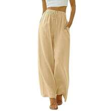 Pantalones de lino holgados de talla grande para mujer, con bolsillos y cordón ajustable, de pierna ancha. - Rojo - Ver 3