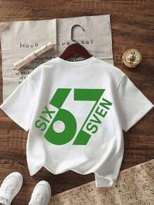 Summer Short-Sleeved T-Shirt For Boys, "67" With A Fun Digital Design. Suitable For Casual Wear, School, And Everyday Wear. - Pink - View 2