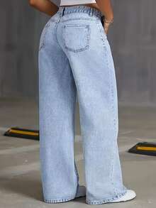 Women's Wide Leg Marble-Waisted Jeans, Wide Leg, No Lycra, Premium Bell Bottom, Elegant Summer Style - 淺色水洗藍 - 查看 2
