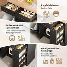 Kitchen Island On Casters With Fold-Down Worktop, Kitchen Trolley With Waste Bin, 4-Tier Spice Rack, 2 Drawers And Lockable Casters, 120 * 45 (70) * 93 Cm - Black - View 5
