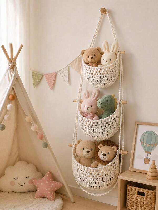 Panier de rangement suspendu en corde - Solution de rangement idéale pour la nurserie, la chambre d'enfant, la chambre à coucher, peut contenir des jouets et petits articles, gain d'espace, facile à installer, design en maille respirante, style décoratif, rangement pour la nurserie