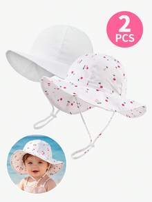 2Pcs Baby Girls' Strawberry Print & Solid Wide Brim Sun Hat, Adjustable Chin Strap UV Protection Bucket Hats For Toddler Kids Summer Beach Outdoor Activities - 2pcs - View 2