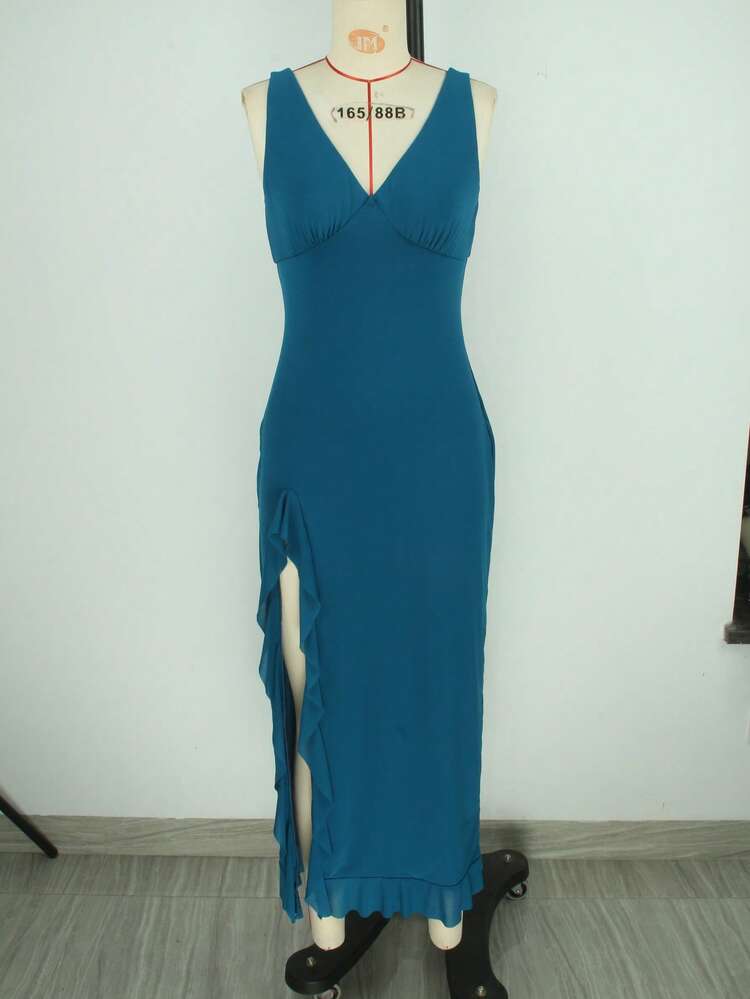 New European And American Women's Summer Ruffled Bodycon Party Dress, Versatile Evening Gown Wedding Spring - Teal Blue - View 6