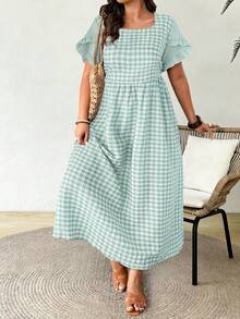 Plus Size Women's Square Neck Short Sleeve Ruffle Plaid Dress, Suitable For Casual Summer Vacation Wear - Multicolor - View 3