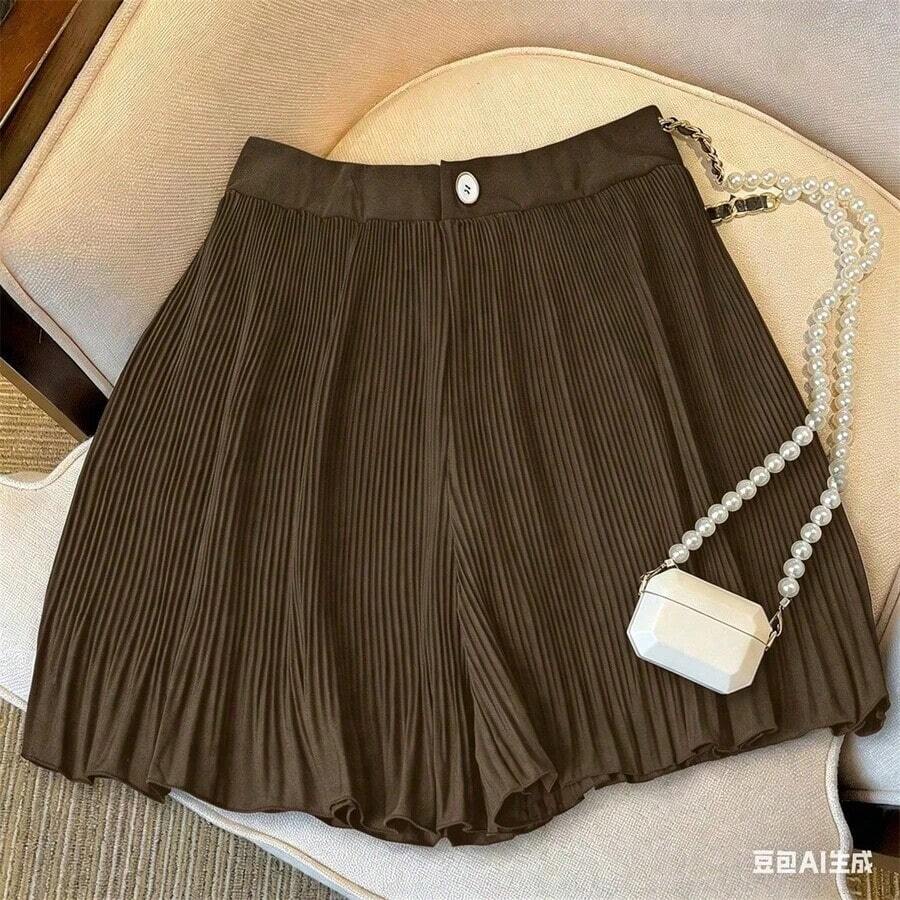 Pantalones cortos/falda plisada de unicolor, de moda versátil y holgada para mujer, para el verano - Café integral - Ver 1