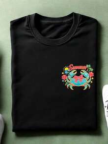 1 Summer T-Shirt With Crab Print, Crew Neck Summer Tee, Pool Party Outfit, Family Trip Gift, Matching Short Sleeve Graphic Print For Best Friends And Cousins. TC-3843180g 100% Cotton - 黑色 - 查看 5