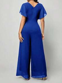 Clasi Mono para mujer de manga corta con cuello en V, lazos laterales y cremallera trasera - azul real - Ver 2