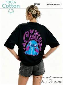 Disney Authorized "Lilo & Stitch" Shi Diqi Pattern Ladies Round Neck 100% Cotton T-Shirt-Light Summer Casual Short Sleeves, Convenient Machine Washing, Everyday Versatile Tops, Fashionable Wear Design, Breathable Fabrics, A Must For Pop Culture Fans. - màu đen - Xem 2