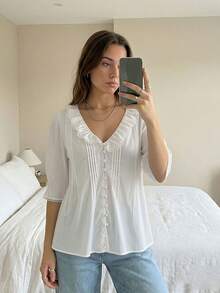 Women's Summer Ruffle V Neck Short Sleeve Blouse - Solid Color With Frog Buttons For Daily  Party - White - View 4
