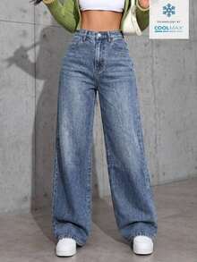 Women's Pocketed Wide Leg Relaxed Casual Denim Jeans - 深色洗 - 查看 7