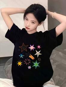Primavera Grafica.1pac.100%Cotton.Colorful Star Pattern Mid-Length Loose Short-Sleeved Shirt, Summer Casual Y2K Style Top.Versatile.Classic - Black - View 3
