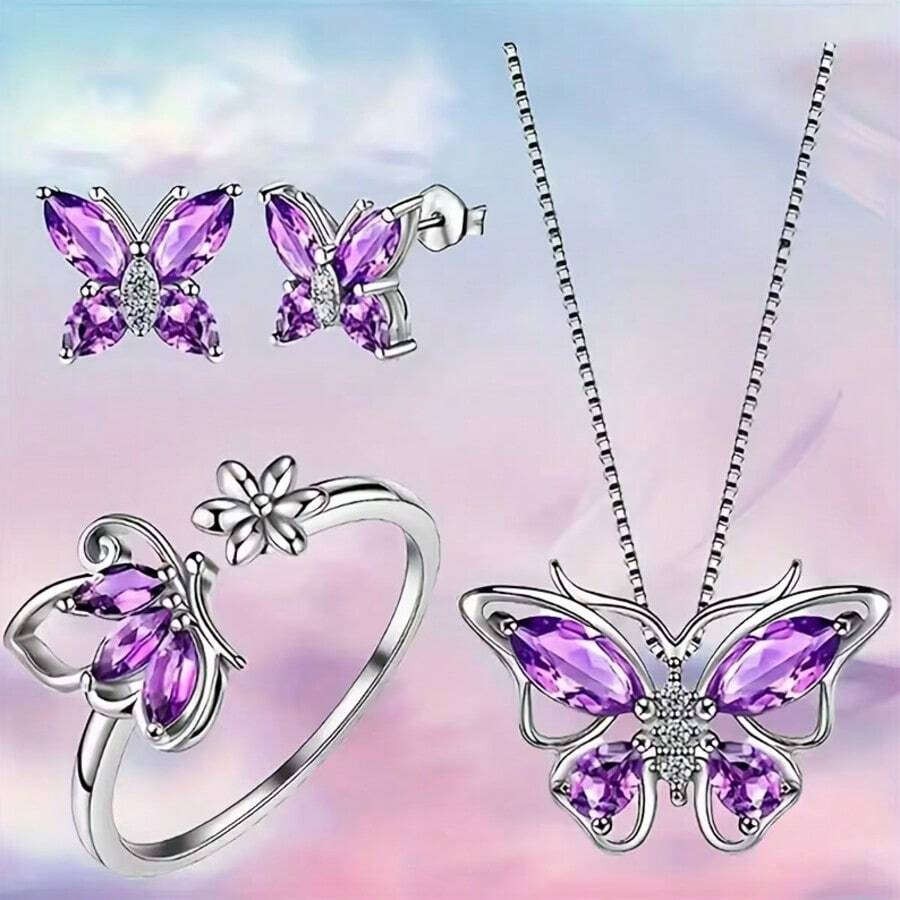 Butterfly Trio Jewelry Set - Amethyst Birthstone Necklace, Earrings, And Ring Series, Suitable For Daily And Birthday Surprises