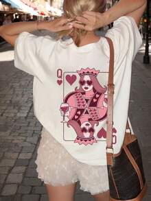 1件女款夏季寬鬆休閒圓領短袖T恤上衣 INS 風格，附「Queen Of Hearts」紅酒主題印花圖案，白色 - 白色 - 查看 3