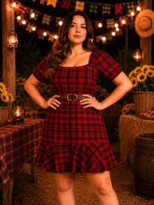 Plus Size Checkered Dress With Square Neckline And Short Sleeves For June Festival (São João) - 紅色和黑色 - 查看 9