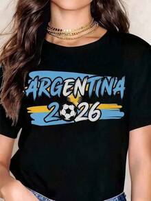 Camiseta de Mujer con Diseño de la Bandera de Argentina 2026, Estilo Casual, Cuello Redondo, Manga Corta, Perfecta como Regalo de Cumpleaños, Adecuada para Usar en Todas las Temporadas, Ideal para el Uso Diario al Aire Libre. - Negro - Ver 1