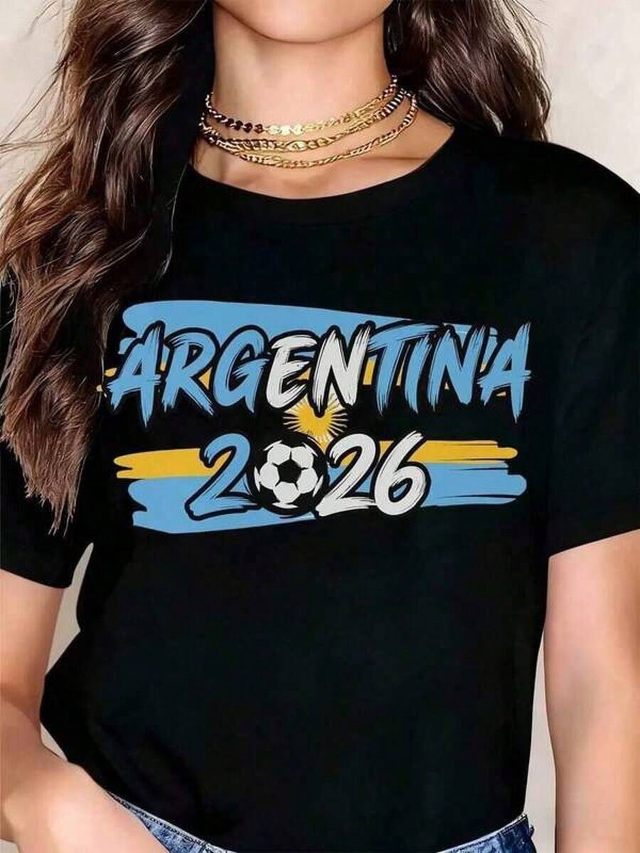 Camiseta de Mujer con Diseño de la Bandera de Argentina 2026, Estilo Casual, Cuello Redondo, Manga Corta, Perfecta como Regalo de Cumpleaños, Adecuada para Usar en Todas las Temporadas, Ideal para el Uso Diario al Aire Libre. - Negro - Ver 1