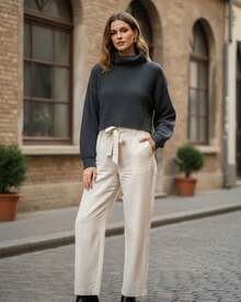 Women's Mousse Fang Cropped Knit Blouse High Neck Puff Sleeve - 石墨 - 查看 2